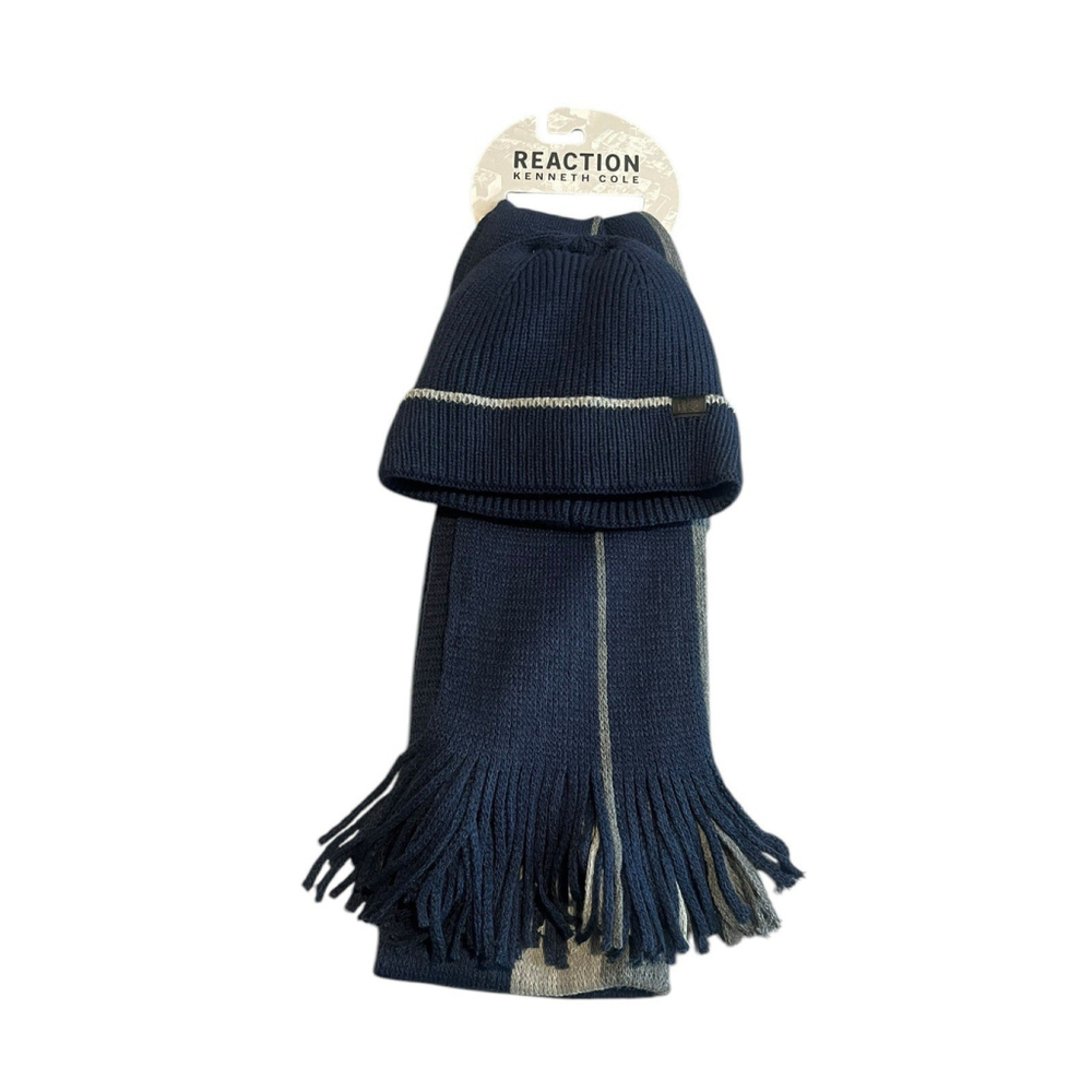 Kenneth Cole Reaction Mens Beanie Scarf Set Blue Knit